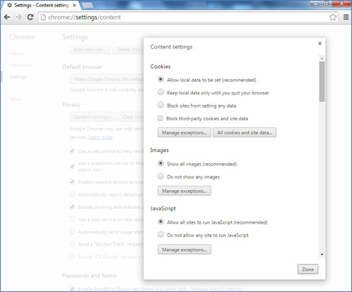 Google Chrome (version 31 & above) Settings